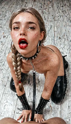 1 man, Man holding leash in hand, ((Guenola)), ((tack sharp face)), light freckles nose, 50 year old German blond woman, on all fours on the floor, full nude, ((very small g-string)), slave collar with metal spikes, handcuff spreaderbar between the wrists, leather leash, black patent leather high thigh boots with stiletto heel, shiny skin, alone, shiny metal choker, silver jewelry, hoop earrings, ((moaning)), (side view from very above), facing forward, eye contact to viewer, red lips, very detailed long blond hair with one loose braided pigtail, perky B size tits, natural light skin tone, detailed fingers and hands, red nails, simple smooth background., <lora:milkers_v2:.5>, <lora:681678_training_data:.6>