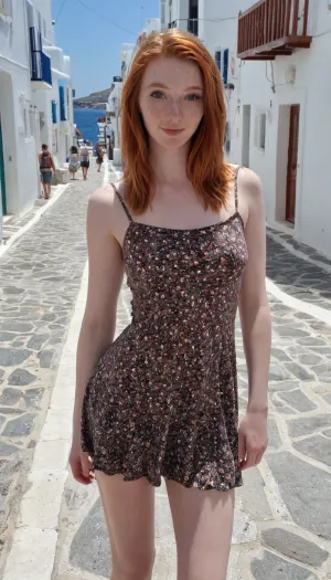 Candid photo, ultimate realism, cute fun ginger 22 year old college girl, flirty, mini dress, perfect body, realistic detailed eyes, small bright mykonos street, seasise town, sunny, realistic detailed face, realistic detailed skin