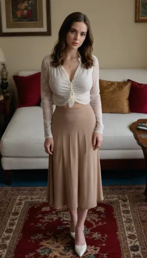 A busty young brunette woman, positioned in the center-left of the image, is standing on a patterned rug. She is wearing a white sheer blouse with long sleeves, her perfect massive natural breasts pressing against the blouse, and a light brown, textured midi skirt. She is wearing white shoes. A red flower-shaped hair clip is placed on her hair, adding a pop of color. Her expression is neutral, and her hair is long and dark brown. She has a medium build. The light is soft and diffused, casting no harsh shadows. The background shows a white couch with dark blue throw pillows. The overall style is fashionable and modern, with a touch of vintage flair. The carpet is cream-colored with teal and pink floral patterns, adding texture and color. The lighting is balanced, highlighting the woman's features and the clothing's texture without harsh contrasts. The perspective is slightly downward, viewed from the side, focusing on her pose and the patterned rug. The image is well-composed and showcases details of the clothing, accessories, and environment.