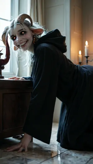 score 9 up, dark lair with no natural light, candles light room, insanely hot girl, black robe, hood up, large saggy perky tits out, ((fucked doggystyle by big scary goat monster:1.4)), lascivious demonic smirk, black eyes, black sclera, intimate vibes, sexy eyes, sexy crying, cute nose, gooey white cum in face, side view, full body portrait, intricate detail, cinematic masterpiece, <lora:black sclera:1>, By Jérome Bosh