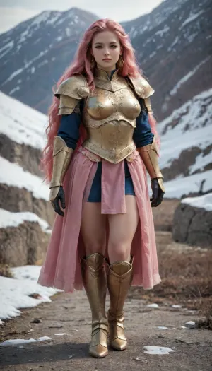a French female warrior from the 1400s, beautiful, 7 feet tall, Very robust and muscular, body builder, ((full gold plate armor)), ((((very very long pink hair)))), full figure, snow mountain background, hhpointedboots, boots, big, hair, medieval, armour, <lora:993503_training_data:1.7>, <lora:xl_big_hair-1.0:1.3>, <lora:566250_training_data:.5>