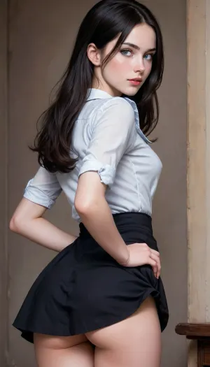 In the exact style of artist Milo Manara, a full body detailed drawing of a rear view of a pretty caucasian skinny 19 year old woman with long dark black hair and blue eyes wearing a form fitting black shirt with a small white collar and a very short black dress skirt that highlights her slender legs. Her facial features exude youthful innocence., skirtlift, <lora:skirtlift_xl:.5>