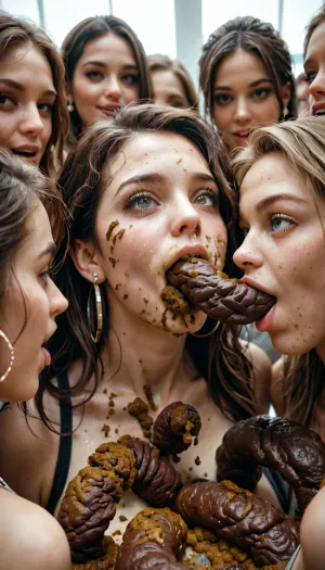 lesbian shit orgy, shit everywhere, everyone covered in shit, everyone eating shit