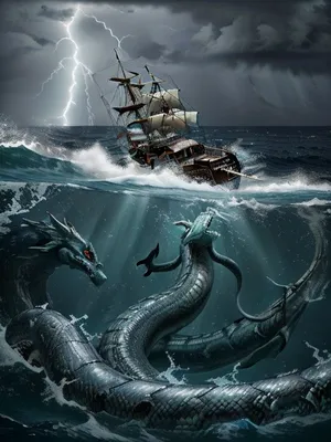 A large-angle shot of a giant sea snake making its way through the surface of a stormy ocean, with splashing water and crashing waves. The camera captures the massive scaly body of the snake and its ferocious eyes in ultra-high definition. Dark storm clouds and lightning illuminate the scene, adding a sense of raw, Giant sea serpent attacks sailboat, mythical power., sea, monster, undersea, boat, <lora:SeaMonster-v1.0:.5>