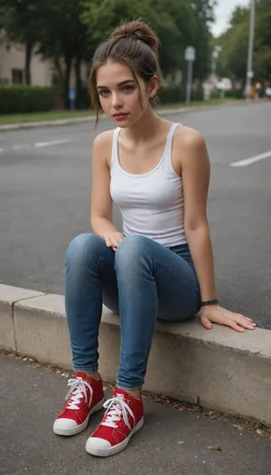 A little hooligan girl with a shaggy red hairdo, bright green eyes, jeans with holes, sneakers, sits on the asphalt, watching a sprout grow through the asphalt. summer heat. drawing, thin hard pencil, clear lines, detailed graphics