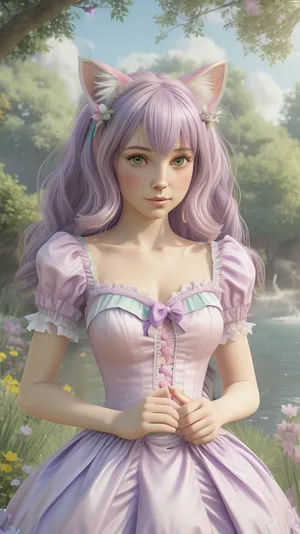 Princess cat girl, cat ears. lavender hairstyle, pink and purple dress, puffy dress. the princess dress. pirate tandem of a princess and a sailor, the femininity of nature in green and emerald shades, azure sky, realism professional photo high quality high resolution, unreal engine 5, v-ray, soft lighting