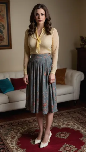 A busty young brunette woman, positioned in the center-left of the image, is standing on a patterned rug. She is wearing a light yellow sheer blouse with long sleeves, her perfect gigantic round natural breasts pressing against the blouse, and a light brown, textured midi skirt. She is wearing white shoes. A red flower-shaped hair clip is placed on her hair, adding a pop of color. Her expression is neutral, and her hair is long and dark brown. She has a medium build. The light is soft and diffused, casting no harsh shadows. The background shows a white couch with dark blue throw pillows. The overall style is fashionable and modern, with a touch of vintage flair. The carpet is cream-colored with teal and pink floral patterns, adding texture and color. The lighting is balanced, highlighting the woman's features and the clothing's texture without harsh contrasts. The perspective is slightly downward, viewed from the side, focusing on her pose and the patterned rug. The image is well-composed and showcases details of the clothing, accessories, and environment.