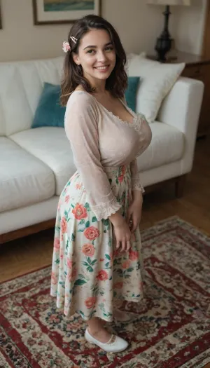A busty young brunette woman, positioned in the center-left of the image, is standing on a patterned rug. She is wearing a light colour sheer blouse with long sleeves, her perfect gigantic round natural breasts pressing against the blouse, and a light colorful, textured midi skirt. She is wearing white shoes. A red flower-shaped hair clip is placed on her hair, adding a pop of color. Her expression is neutral, and her hair is long and dark brown. She has a medium build. The light is soft and diffused, casting no harsh shadows. The background shows a white couch with dark blue throw pillows. The overall style is fashionable and modern, with a touch of vintage flair. The carpet is cream-colored with teal and pink floral patterns, adding texture and color. The lighting is balanced, highlighting the woman's features and the clothing's texture without harsh contrasts. The perspective is slightly downward, viewed from the side, focusing on her pose and the patterned rug. The image is well-composed and showcases details of the clothing, accessories, and environment. Happy, Mischievous smile, grin, side view from above