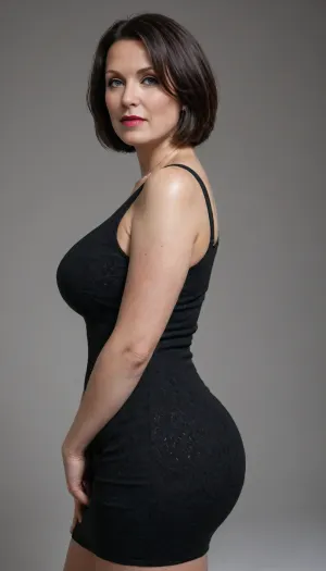 1/2 body view, curvy soviet mature woman, ((completely clothing)), ((in short summer blackk dress)), ((dark black bob haircut)), 40 years old, perfect face, ((sad:1.3)), ((milf:1.6)), blue eyes, makeup, red lipstick, standing on reception area, ((view from side)), ((looking on viewer)), microskirt, extremely, short, skirt, <lora:MicroSkirt_XL:.5>, <lora:580159_training_data:.5>