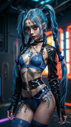 hyper detailed hyper realistic natural petite cutie, 18 years old beautiful model, (very slim), ((bright blue disheveled hair, long hairstyle with pigtails, hair curly in the wind)), extremely gorgeous, lace stockings, knee socks with frills and ribbons, long very shapely legs, visible shaved pussy no panties, legs spread, legs apart, clip, standing on cyber background, perfect composition of lights and shadows, warm lights, the brightest image, crystal clear focus, (saturated colours:1.5), (small elastic breasts), small elastic breasts in a bra + T-shirt, (thin waist), ((cyber Glossy jacket, blue and black fabric, visible transparent white panties)), jinxlol, ((jinx blue tattoo)), <lora:weight_slider_v2:-1>, <lora:age_slider_v20:-2>, <lora:more_details:.5>, <lora:detail_slider_v4:.5>, <lora:JinxLol:.5>