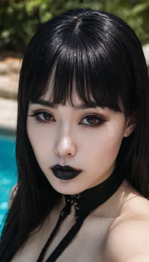 gothic, (goth), (asian), pale skin, dark black eyes, dyed black hair, bangs hair, long bangs, forehead hair, (hair covers eyes), black eyeliner, (black lipstick), (pale skin), white skin, perfect eyes, small eyes, detailed eyes, small nose, slim body, looking at viewer, selfie, side view, angle from above, walking pool, outdoor pool, hard shadows, sweaty, breasts out, perfect figure body, blush, embarrassed, gleaming skin, steam, tanline, cum hair on hair, cum on body, bukkake, perfect body, <lora:detailed_notrigger:.5>, <lora:YoungAdultSDXL:-1>