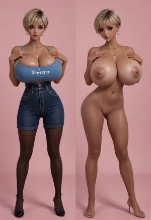 (masterpiece, ultra-detailed, best quality), photo-realistic, hyper-realism, clear image, detailed face, full body shot, cute, pretty, 21years old, Stupid girl who likes to masturbate. African girl standing, (strait-on, frontal body), look at viewer, black clean eyes, naked, barefoot, round face, blonde hair, pixie-cut, bangs, (very black skin, flashy makeup, hourglass body, tiny waist, big ass, gigantic natural breasts:1.6), wet pussy, dripping love juice, (same person, same pose, same angle), (2Split screens, 2split views, onoff:1.2), (wearing tight red and blue tank-top extreme cleavage and shorts and fish-net stockings and high-heels.extremely earrings, necklace), (simple light-blue and pink background), BREAK, <lora:OnoffXL_ExtraCrispy:.7>
