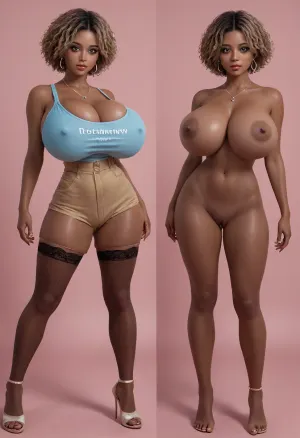 (masterpiece, ultra-detailed, best quality), photo-realistic, hyper-realism, clear image, detailed face, full body shot, cute, pretty, 21years old, Stupid girl who likes to masturbate. African girl standing, (strait-on, frontal body), look at viewer, black clean eyes, naked, barefoot, round face, dirty blonde afro, (very black skin, flashy makeup, hourglass body, tiny waist, big ass, gigantic natural breasts:1.6), wet pussy, dripping love juice, (same person, same pose, same angle), (2Split screens, 2split views, onoff:1.2), (wearing tight red and blue tank-top extreme cleavage and shorts and fish-net stockings and high-heels.extremely earrings, necklace), (simple light-blue and pink background), BREAK, <lora:OnoffXL_ExtraCrispy:.7>
