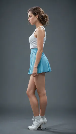 tennis skirt, boots on high heels, full body view, full height, side view