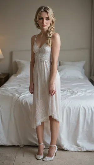 Astrid from how to train your dragon, blonde messy ponytail, light blue eyes, white full body dress, white heels, lots of cum, bedroom, on bed