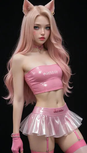 K/DA Ahri, ((very skinny and tall)), 18 yo, bimbo slut, pink hair, (freckles:1.5), ((very big plump lips)), flat chest, heavy bimbo makeup, ((bimbo makeup, intense saturated glossy magenta lipstick)), transparent plastic micro skirt, pink latex garter belts, gloves, no pants, femboy, black background