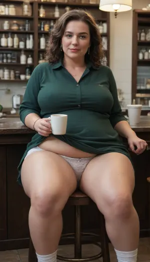 A 50 year old milf sitting on a chair at a small table in a coffee shop wearing a long skirt and shirt. She is opening her legs and showing her panties, (Panty flash:1.8), (50 years old:1.6), (obese:1.3)