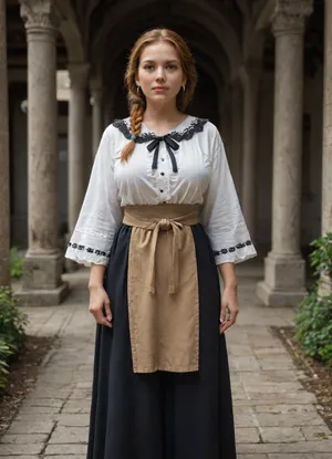 a beautiful curvy mature milf, 40 year old, full-length image, peasant woman in a knee-length white linen shirt with a straight slit in the front and a turn-down collar, with wide sleeves without cuffs sewn in with gusset inserts, The sleeves of the shirt are decorated with bright embroidery at the bottom, long, narrowed at the wrist with stitched small folds, a woman wears a long dark skirt over the shirt and a light knee-length apron. The skirt gathers at the waist and is trimmed at the hem with bright braid, the apron is also decorated with braid, over this she wears a dark sweatshirt with long sleeves and a low neckline, fitted at the waist, a fringed shawl on her shoulders, Her head is covered with a scarf, her ginger hair is curled into temple braids, intertwined with wide ribbons