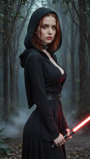 STar Wars, UHD 8K, extreme realism, maximum detail, Busty 18 year old redhead girl, slim figure, tight butt, wavy intense dark-red hair, sexy butt, detailed skin, real lighting, the girl is In the jungle at night. The battles between the Jedi and the Sith take place in the background., she is a Sith, wearing a dark, tight robe with a chic leather collar. She holds a retracted red lightsaber, ((Very pale skin)), ((red eyes)), ((black hood)), ((general plan)), ((view from front 1.5)), Darth, Maul, ((NightScapes)), dark, fantasy, <lora:518653_training_data:.5>, <lora:NightScapes_XL14:1>, <lora:dark_fantasy_art:1>