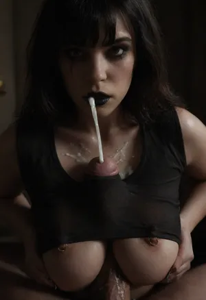 Front view photograph of a woman, woman is a 40yo caucasian MILF, warm lighting, dimly lit, (((UHD 8K, masterpiece, best quality, maximum details, extreme realism, cinematic still))), (in bedroom), ((((black crop top))), ((black lipstick)), ((running mascara))), (((((dirty black hair and bangs))))), (bobcut), ((medium breasts)), cleavage, ((sagging)), ((((hands behind her back)))), (cumshot:2.6), (cum on chest:2), ((((underboob)))), (((pierced nipples, nipple rings))), ((((huge African penis)))), (titfuck under clothes:1.9), ((((close-up)))), sagging, breasts, r3tro_cumshotz, <lora:sagging-000015:.55>, <lora:r3tro_cumshotz  SDXL Lora:.7>, <lora:dark:.45>, piercing, ring, <lora:nippleRing:.4>