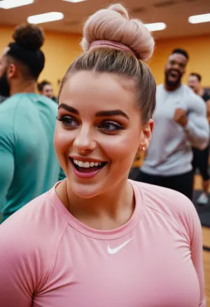 Cute curvy girl, humiliating face, laughing face, highly detailed eyes, male POV, pastel gym clothes, long sleeve, glamorous makeup, hair bun