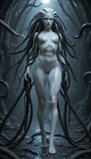 1 femalien fucking pussy with dildo, (rear view), (large thin lips:1.4), (long revealing ornate black clothing:1.4), (extremely long tentacle hair:1.5), black hair, (small thin face:1.2), (blue and white skin:1.2), (very long thick eyelashes:1.1), (pure white eyes:1.4), (muscular alien body:1.6), collarbones, (earrings:1.1), (sexy tiny breasts:1.3), (thin waist:1), (small nipples:1.2), (bubble butt:1.3), (muscular thighs:1.3), (long legs:1.6), long arms, (nude:1.3), (full body view:1.3), (massive creampie:1.2), (perfect eyes:1.3), 8k, space
512/3000, alien, species, futuristic, suit, electalien, artstyle, <lora:alien-species:.1>, <lora:157880_training_data:2>, <lora:Alien_God_V3:2>, <lora:Electric Alien - Trigger is ElectAlien Artstyle:2>