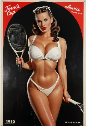 Pov photo, sexy busty Instagram model face, bimbo, wet sweaty body, big text on poster, Hairstyle 2 braids, ((tight wet tennis sexy outfit)), (((old american poster pin up 1950's of tennis-girl))), (((Pin up.b&w. Grand Slam Cup poster 1950's))), fat red lips, Photography, photorealism, tall, beautiful perfect figure, stockings, perfect tall legs, charming eyes, dark background, fantasy art capturing the style of Aaron Horkey, Jeremy Mann and Luis Royo, body-focused composition from a low angle, alluring figure, dark fantasy, dynamic composition, black white photo 1950's, red lipstick, warm hues, showcases acrylic calligraphy, watercolor techniques integrated seamlessly into a maximalist masterpiece, detailed with gouache fluidity, golden hour light, hyperrealism, hypperrealistic, hyperdetailed, 64k, ultraHDR, Movie, Poster, page, bmbplora, <lora:Movie Poster:.5>, <lora:bimboxl_02:.5>
