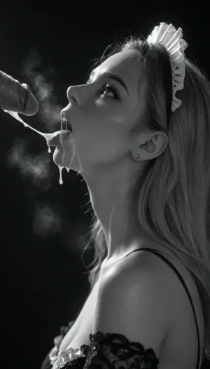 score_9, score_8_up, score_7_up, (close up), long blonde hair, (steam on beautiful woman's mouth:1.4), seven inches penis, (standing up straight), excessive cum, dripping on to sexy faced girl, cum, (looks with love and happy), (((profile view))), cum shooting, cum dripping, (((lace black housemaid clothes))), (woman 20yo kneeling), (woman looking up at man), (ban haircut), (((black silhouette))), (((monochrome:1.9))), heavy natural droplets breasts, (black background), backlight, style, hair, light, <lora:206223_training_data:2>, tongue, out, ahegao, drool, <lora:ahegao_mr_chrisma:.5>