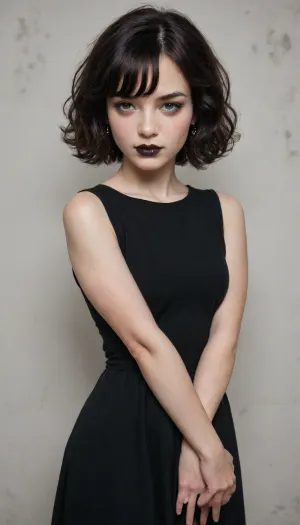 "FULL-BODY CLIP ART, a glowing gothic woman with white skin, early 30s, she is wearing a black dress, short hair and she has bangs, she has long fake eyelashes, black lipstick, she has a confidence look on her face, watercolor style, Digital vector illustration, stylish and modern, transparent background."