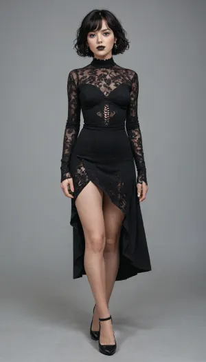 "FULL-BODY CLIP ART, a glowing gothic woman with white skin, early 30s, she is wearing a black dress, short hair and she has bangs, she has long fake eyelashes, black lipstick, she has a confidence look on her face, watercolor style, Digital vector illustration, stylish and modern, transparent background."