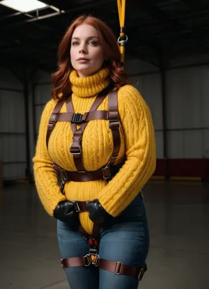 (Heavy parachute harness with very many thick dark brown straps:1.4), close up body view from the side, slightly chubby redhead with perky tits and a fat ass, hands behind her back, (wearing a fluffy thick yellow irish wool turtleneck sweater and tight long stonewashed jeans:1.2), (wearing a safety parachute harness with many dark brown puffy nylon straps:1.4), hanging in her harness from the ceiling of an immense airplanehangar, suspended in the parachute harness high above the floor, hands in bondage gloves strapped behind her back, bondage cuffed, no nipples, no canopy, best quality, timberland shoes, perfect lighting, ultra high detail, <lora:bdsm_SDXL_1_:1>