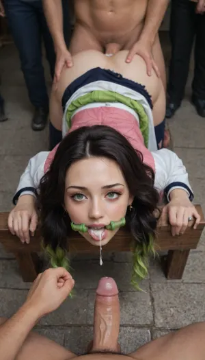 Mitsuri Kanroji, (Kimetsu no Yaiba), locked in pillory, head down ass up, open ring gag, torn clothing, public square, creampie, cum in mouth, anal sex, large cock, high angled view