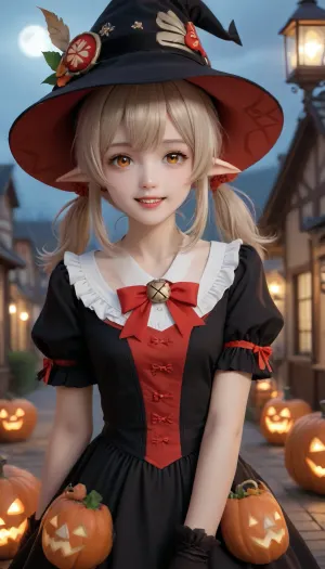 ï¼1girl, witch_hat, hat, smile, gloves, solo, klee_\, (genshin_impact\), long_hair, looking_at_viewer, black_gloves, bangs, hat_bow, short_sleeves, alternate_costume, bow, d, clover_print, orange_eyes, light_brown_hair, ahoge, sidelocks, frills, twintails, low_twintails, puffy_sleeves, open_mouth, hair_between_eyes, symbol-shaped_pupils, halloween, lantern, puffy_short_sleeves, teeth, pointy_ears, ribbon, hair_ornament, red_bow, bowtie, sky, hat_ornament, night, halloween_costume, witch, dress, <lora:可莉:1.5>