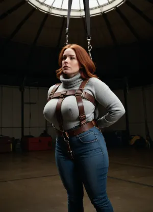 (Heavy parachute harness with very many thick dark brown straps), close up body view from the side, slightly chubby redhead with huge tits and a fat ass, wearing a fluffy thick grey irish wool turtleneck sweater and tight long stonewashed jeans, (wearing a safety parachute harness with many dark brown puffy nylon straps), hanging in her harness from the ceiling of an immense airplanehangar, suspended in the parachute harness high above the floor, gloved hands bondage strapped, no nipples, no parachute, best quality, timberland shoes, perfect lighting, ultra high detail, <lora:bdsm_SDXL_1_:1>