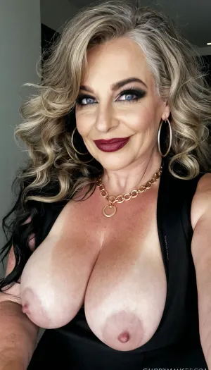 sexy mature, sexy 50 years old, dark blonde, long wave hair messy hair, curvy, very small saggy tits, sexy naught smile face, selfie, glamour, gothic make up, lipstick, huge hoop earrings, necklace, thick lips