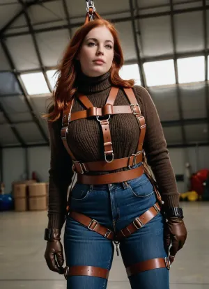 (Heavy parachute harness with very many thick dark brown straps:1.4), close up body view from the side, slightly chubby redhead with perky tits and a fat ass, arms behind her back, (wearing a fluffy thick blue irish wool turtleneck sweater and tight long stonewashed jeans:1.2), (wearing a safety parachute harness with many dark brown puffy nylon straps:1.4), hanging in her harness from the ceiling of an immense airplanehangar, suspended in the parachute harness high above the floor, hands in bondage gloves strapped behind her back, bondage cuffed, no nipples, no parachute, best quality, timberland shoes, perfect lighting, ultra high detail, <lora:bdsm_SDXL_1_:1>
