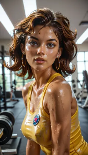 Alex, 19 years, Totally Spies, brunette, Latina, yellow sportswear, sweaty body, gym