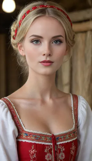 (4K UHD ultra-detailed RAW photo), high detailed, 8k, (photorealistic:1.7), 18 yo peasant scared girl in hayloft, ((slender:1.4)), (wearing Ukrainian summer national costume, Embroidery), ((voluminous blonde updo bangs haircut)), ((makeup:1.5))