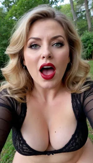 (sexy granny mature, sexy 36 years old, dark blonde, long wave hair, chubby, sexy naught orgasm face, naught orgasm face, huge black eyes, wide face, long face, pointed nose, wide jaw, long big chin, tall, glamour, make up, bright dark lipstick, lipstick, huge hoop earrings, necklace, long sleeve lingerie, view from below, selfie picture taken from below, riding, ride sex position, looking at the camera, screaming orgasm face, outside)