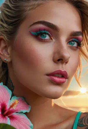 Hyperrealism, extreme close-up Portrait of a beautiful, stunning unique female character. She has large turquoise eyes filled with joy and excitement, extravagant eyelashes, making this image a masterpiece of photography and digital art. Style, realistic hyper-detailed rendering, 32k UHD, expressive eyes, punk, graphic design, pink hibiscus tattoo, girl's face, side view, pretty and cute, gleaming lips, white skin, telling a tale of adventure. Exuding confidence and serenity. Vibrant tattoos adorn her sun-kissed skin
