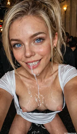 Ultra photorealistic selfie of sumbissive girl face and chest. looking directly at viewer with big, innocent blue eyes. Cum drips down her chin and onto her pert breasts. Cum in mouth. Cum on body. 18 year old. Swedish., ((Blonde)), ., (High and Tight Ponytail with fringes), . Perky swollen nipples., (shirt pull of black sequined designer-fashion dress), . . Black sheer panties. Thin firm body. Big happy smile. Bright eyes., . cum on body, covered in cum, Flashing dance club lights, EDM laser show, rave lighting, obscured nightclub dancers, crowded dance floor, ultra photo realistic, ultra close up of face and chest