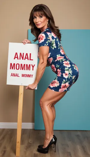 55 year old British headmistress posing wearing her tight_blue_floral_dress, ((standing bent over)), (holding a sign that says "Anal Mommy":1.5), (whole body), (fully clothed), woman, detailed clothing, platform pumps, clothed, large breast implants, cleavage, 40-years old, dark brown hair, (striking brown eyes), full length, (kind), (thoughtful), (natural brunette bangs hair), (clear eyes), (symmetrical face), milf, mature, mommy, wife, American, Mom, (beautiful face:1.2), "your, logo, text, sign, that, says, the, word, <lora:texta:1.2>