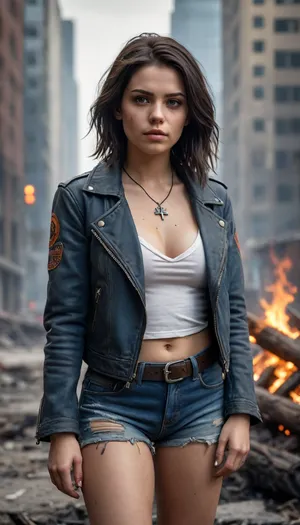 Post-apocalyptic street scene, 8k resolution, ultra-high detail, hyperrealistic, cinematic lighting, sharp focus, anti-aliasing, a sultry young female stalker with flowing raven hair, piercing, plump lips, and scars on her thigh sits by a dying campfire in a ruined city. She wears a worn leather jacket and shorts, white t-shirt, a compass amulet around her neck. Background, crumbling skyscrapers, overgrown vegetation, misty haze, orange glow from embers contrasting with cold blue-gray tones. No pixelation, no compression artifacts, realistic textures, depth of field., p13rc1ng, lip, piercings