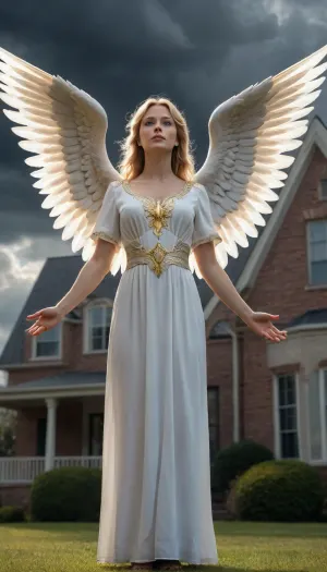 "A mighty angel standing by a large house, her radiant light warding off dark clouds and bringing divine protection.", 8k, photo realistic, hyper detailed