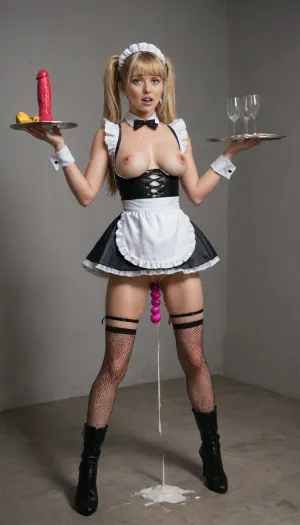 blonde silky hair, long hair, two ponytails with bangs, stunning slender figure, eat cum, (french maid outfit+tits exposed+pussy exposed:1.3), ((cum on face)), (cum_b1:.5), front view, standing, FULL BODY, (submissive pose:1.3), photoshoot, plain grey room, (sexy leather boots+stiletto heels+fishnet stockings), ((dildo platter)), (overflowing cum dripping out of pussy+anal beads in ass:1.3), shocked+surprised