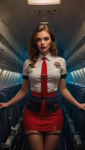 (masterpiece, ultra-detailed, explicit NSFW), 1girl, insatiable 21-year-old flight attendant, athletic figure, medium natural breasts, skirt hiked up, panties off, standing bent forward in airplane aisle, legs spread wide, pussy and anus openly exposed and leaking fluids, suggestively sucking fingers, messy uniform, lustful eyes, red lipstick smudged, airplane cabin background, empty seats, highly explicit mile-high erotic scenario, <lora:SDXLFaeTastic2400:1>, <lora:add-detail-xl:1>