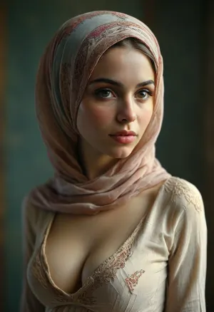 Caucasian woman in a hijab, nude, huge breasts, stretch marks on boobs, saggy breasts, <lora:MJ52:.8>