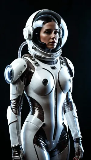 A full body view of a nude female astronaut wearing a futuristic helmet with transparent 100/100 sections, revealing an intricately designed breathing apparatus with metallic tubes and wires. She has a contemplative expression, set against a dark background, highlighting the sleek and modern design of her space gear. The overall tone blends realism with a sci-fi aesthetic.
