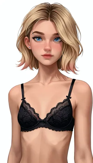 (White Background), (Gwen Stacy from Spiderman across the spiderverse), wearing black lace bra, middle body view, round small breasts, samdoesart, <lora:samdoesart_style_xl_v1:.5>, <lora:195794_training_data:.5>