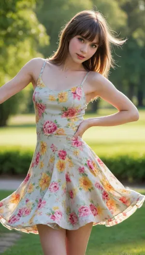 18yo euro girl, large yellow eyes, ((Straight Bangs hairstyle)), accurate oval face, arched eyebrows, sunken cheeks, (heavy cheekbones), nice full lips, wearing light summer floral dress, hard nipples, slim legs, full length photo, (((twirling with hands high behind her head))), (sticking her butt out), at a park, the skirt is whirling up, photorealism